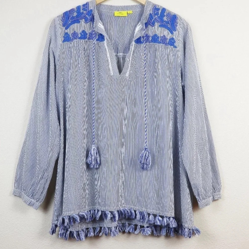 Roller Rabbit 100% Cotton India Boho Embroidered Tassel Striped Blouse 2770